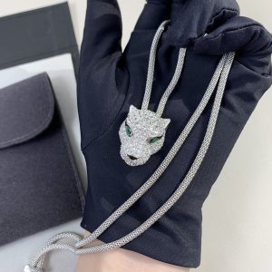 Cartier Panther Head Necklace with 925 Sterling Silver Chain and Alloy Accents - Image 5