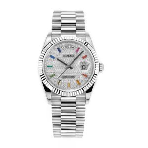 ROLEX 36mm Dual Date Replica with Natural Gemstone Bezel - Image 1