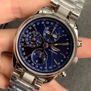 GL Longines Complication Ligne Noble Moonphase Watch, 40mm Sapphire Crystal, Blue Steel Hands, Blue-Gold Lunar Phase Dial, Caliber 7751, Multifunction, Guaranteed QC - Image 4