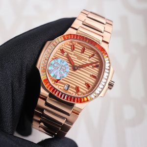 Patek Philippe Nautilus Ladies Watch with Cognac Tsavorite Jewelry Design - Image 4