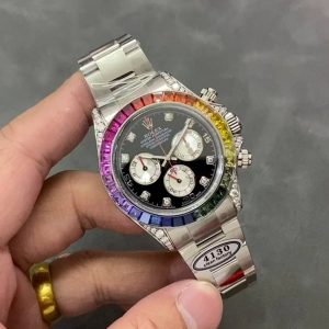 Luxury Rolex White Gold Daytona 4130, Rainbow Diamond bezel, 904L Steel, Premium Imprint - Image 1